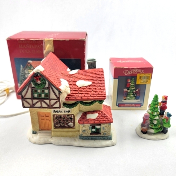 Dickens Collectables fabric shop Porcelain lighted house & 4 kids decorating tre - Picture 1 of 9
